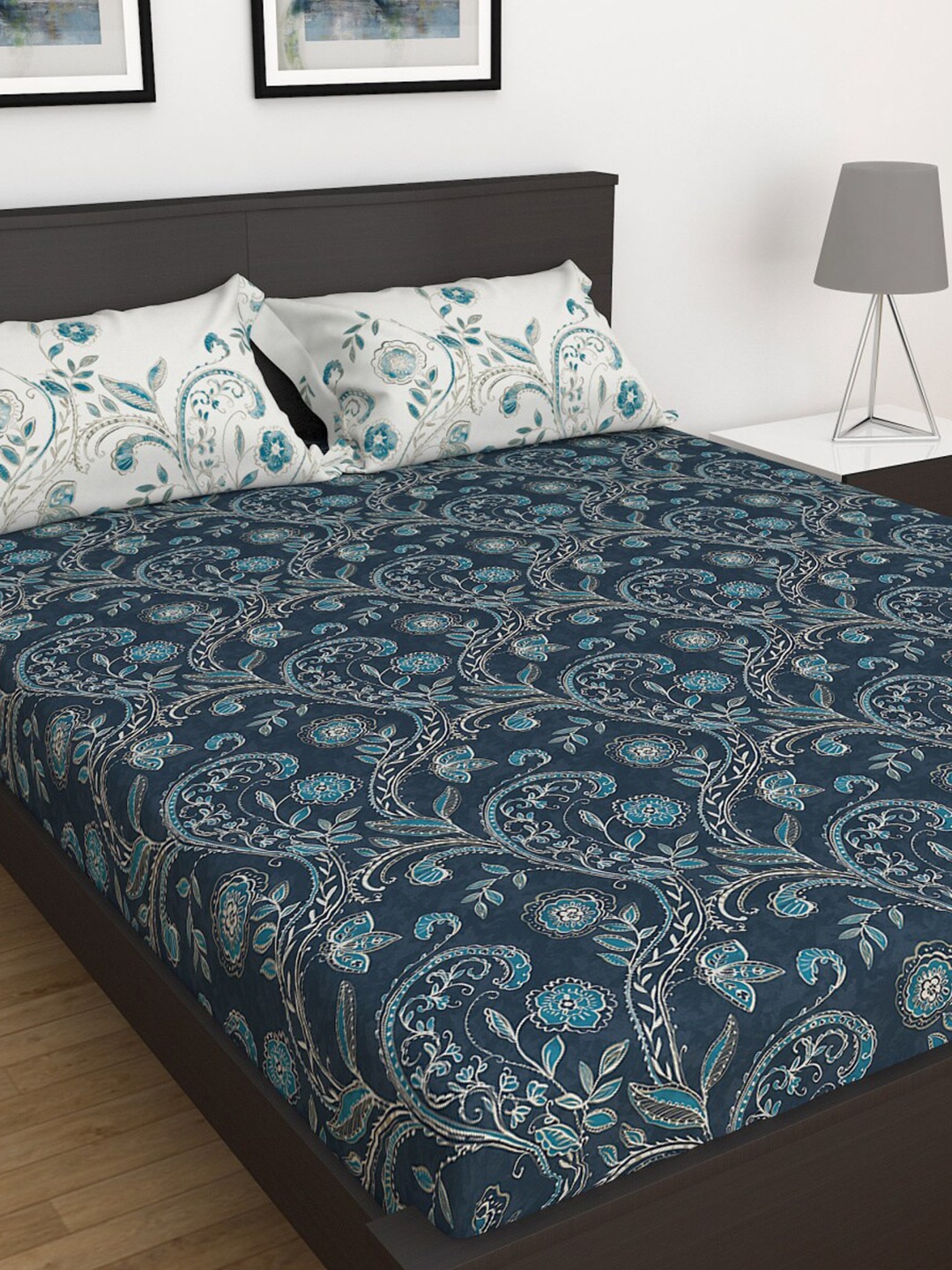 

Home Centre 300 TC Magical Indulgence Printed Super King Bedsheet Set, Navy blue