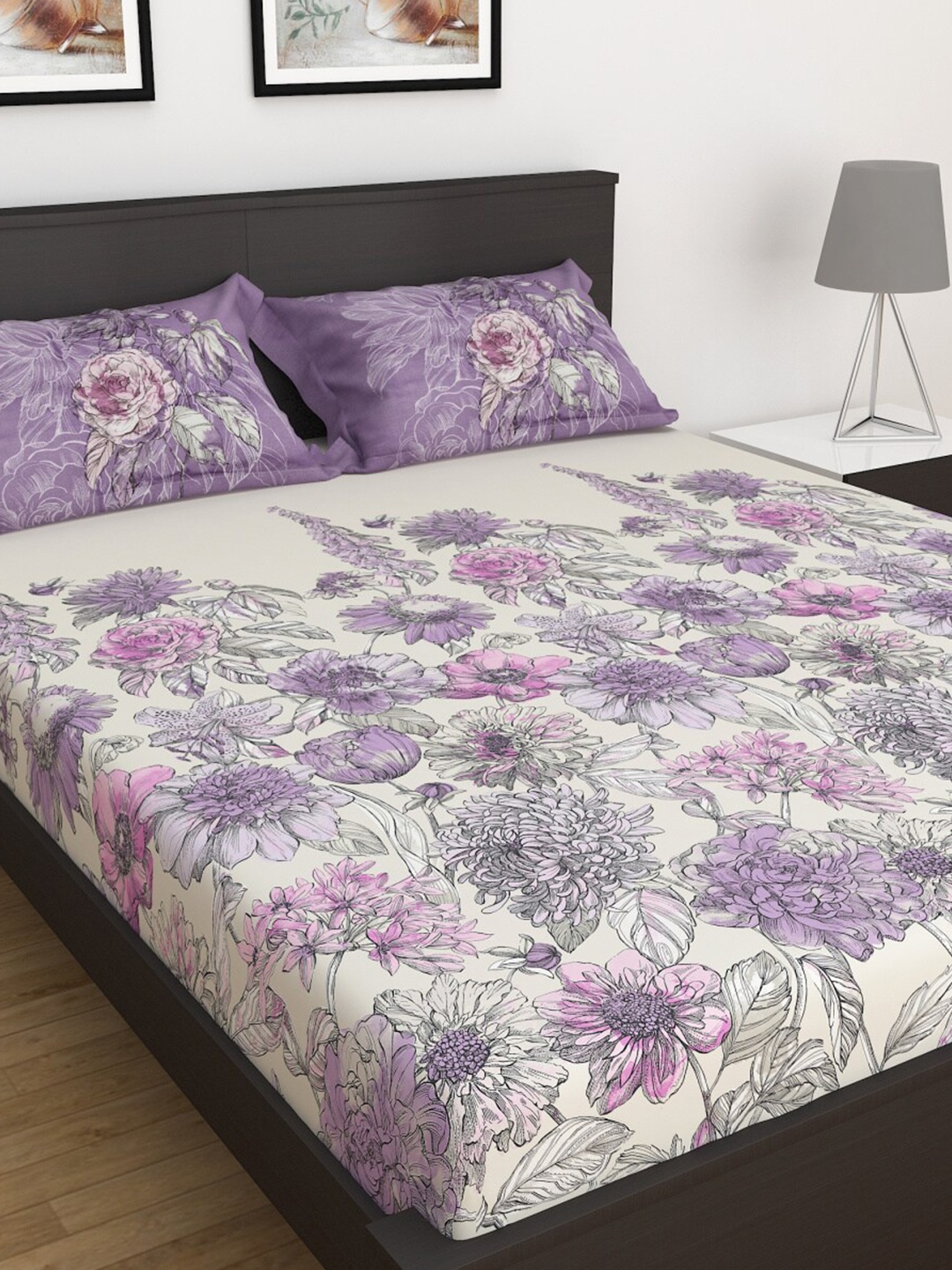 

Home Centre 150 TC Summer Palace Purple Printed Cotton Double Bedsheet Set