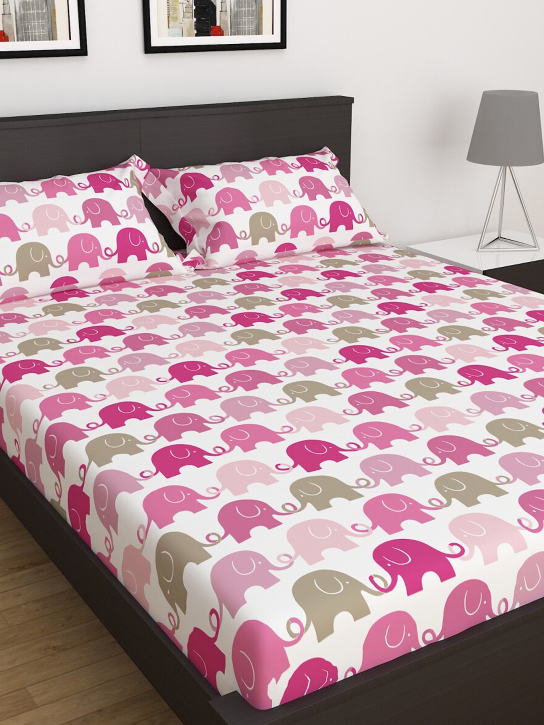 

Home Centre Slate Elephanterna Pink Printed 3-Piece Double Bedsheet Set, White