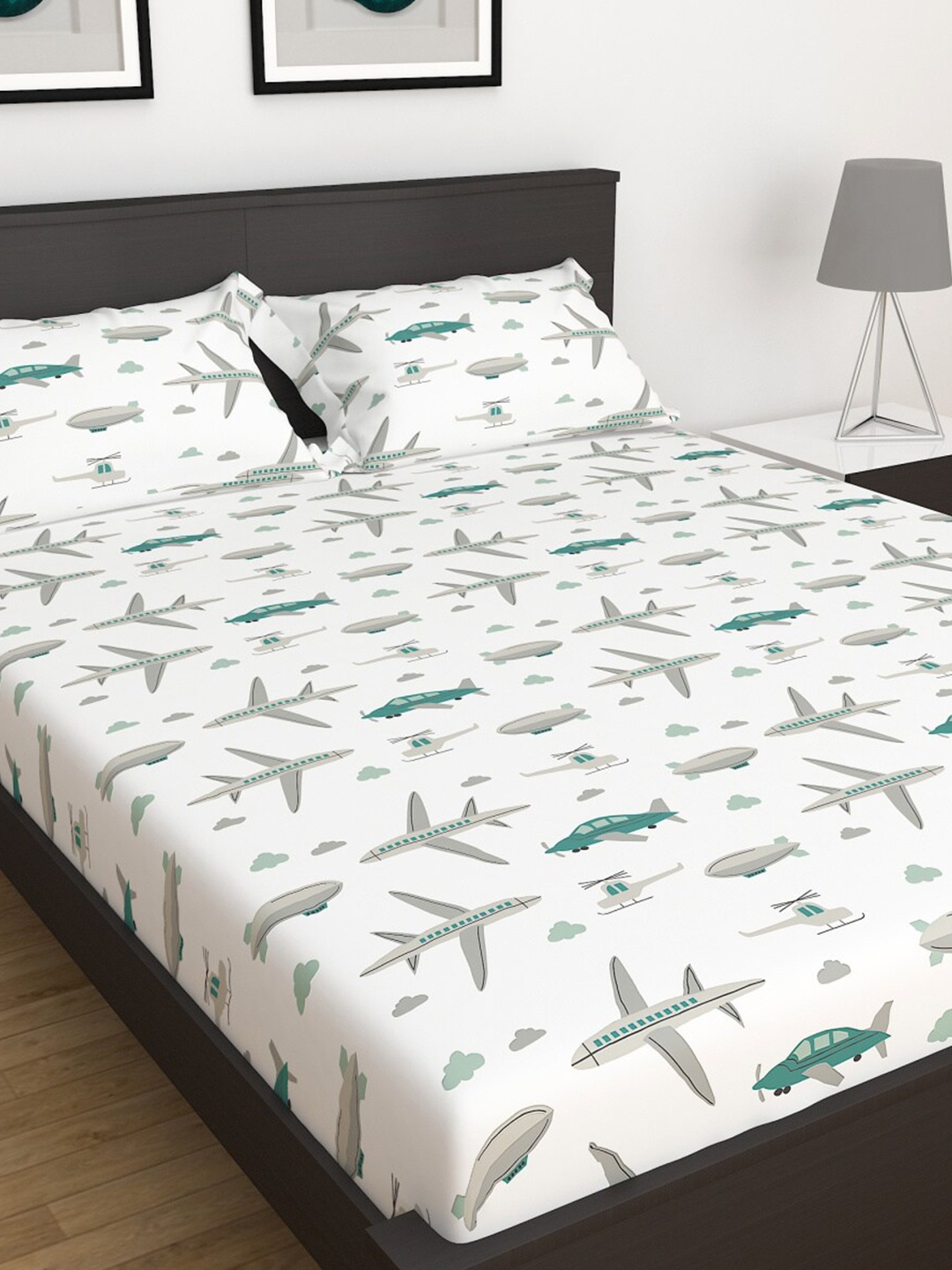 

Home Centre Blue & White Conversational 150 TC Queen Bedsheet with 2 Pillow Covers