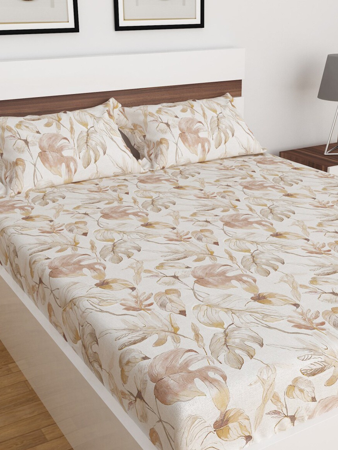 

Home Centre White & Beige Floral 150 TC Queen Bedsheet with 2 Pillow Covers