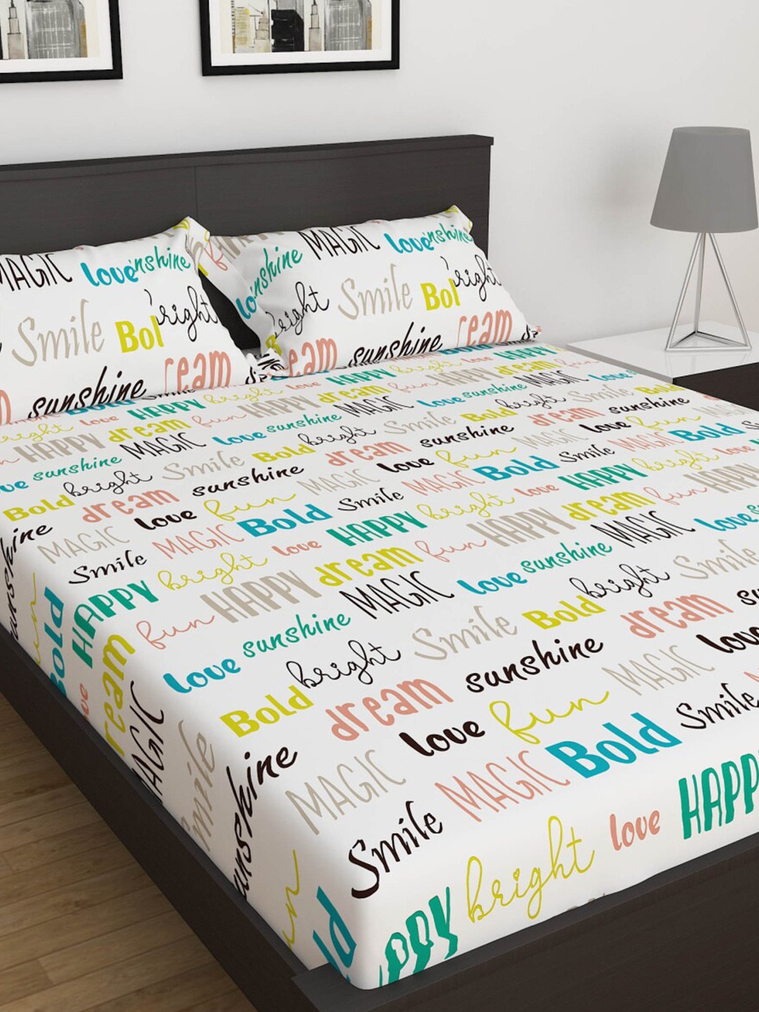 

Home Centre Slate Printed Multicolour 3-Piece Cotton 150TC Flat Double Bedsheet Set, White