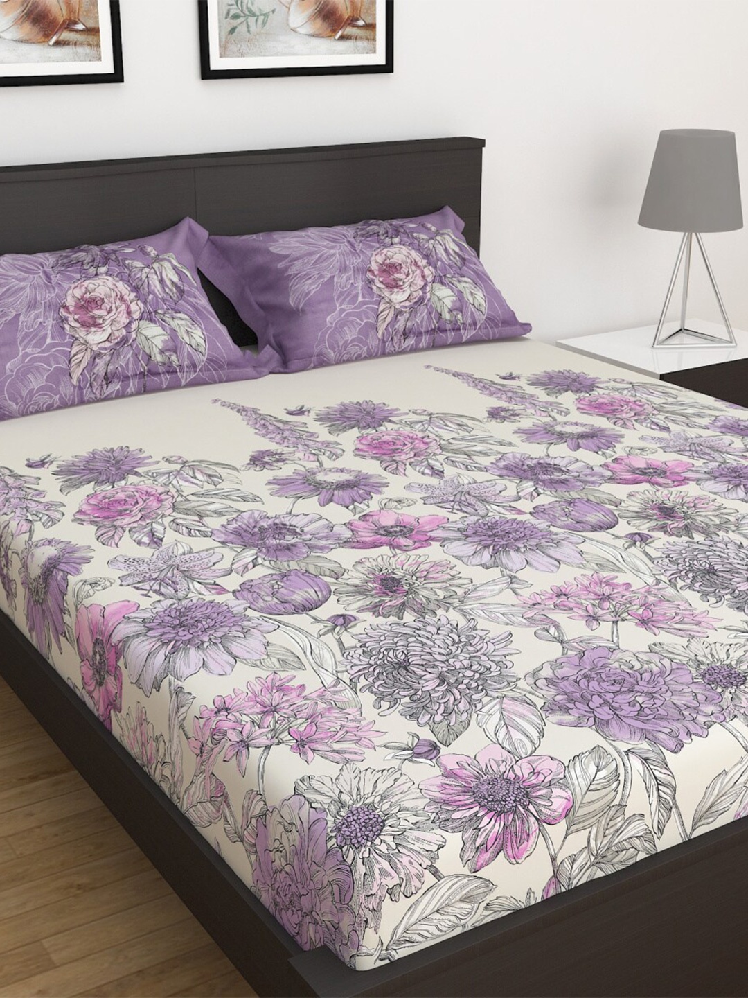 

Home Centre Purple Summer Palace Printed 3-Piece Cotton King Size Fitted Bedsheet Set