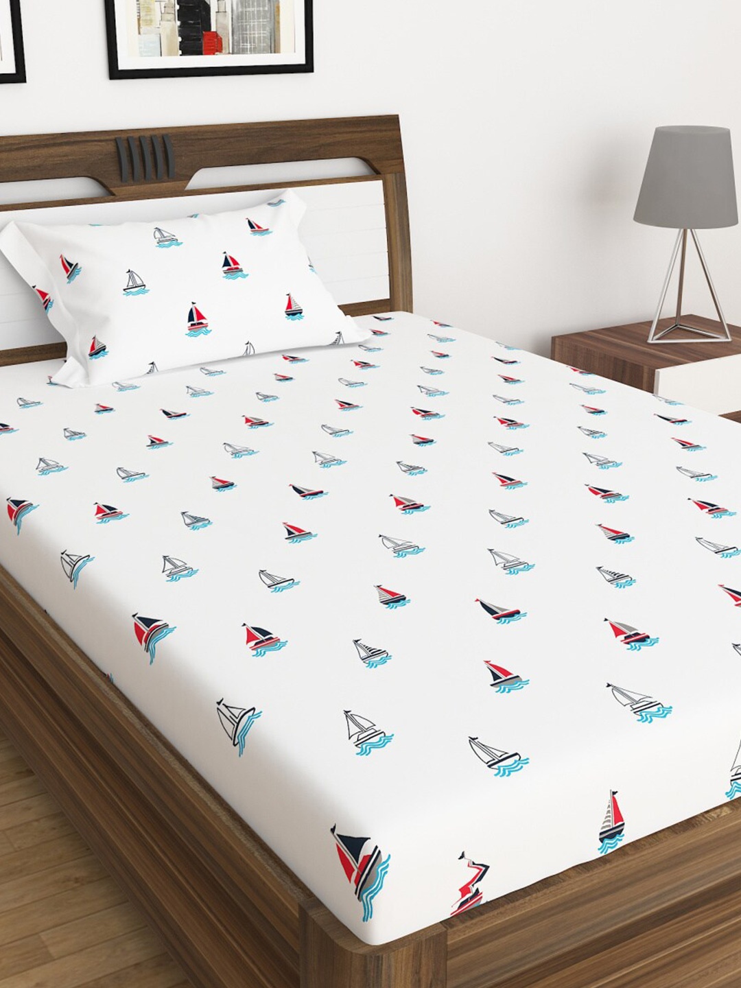

Home Centre White Slate Boat Printed 2-Piece 150 TC Cotton Flat Sheet Single Bedsheet Set