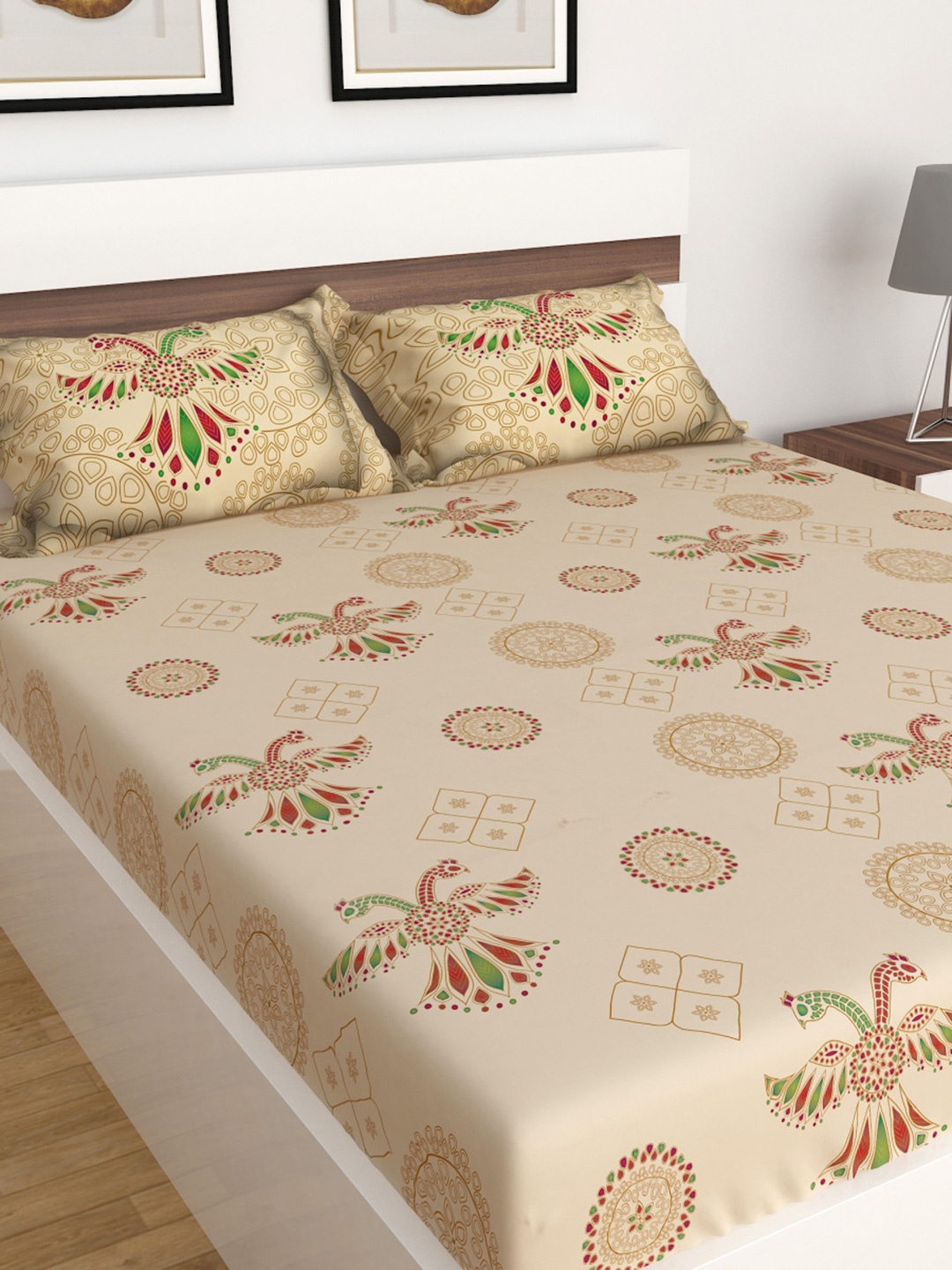 

Home Centre Set of 3 Raj Durbar Beige Printed Cotton King Double Bedsheet Set