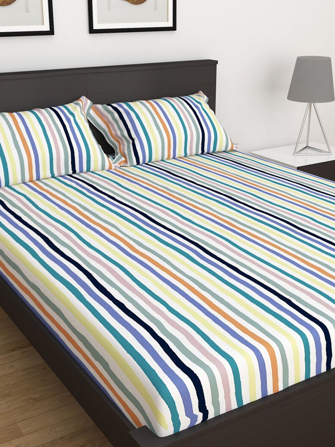 

Home Centre Slate Blue Striped 3-Piece Cotton 150TC Flat Sheet Double Bedsheet Set