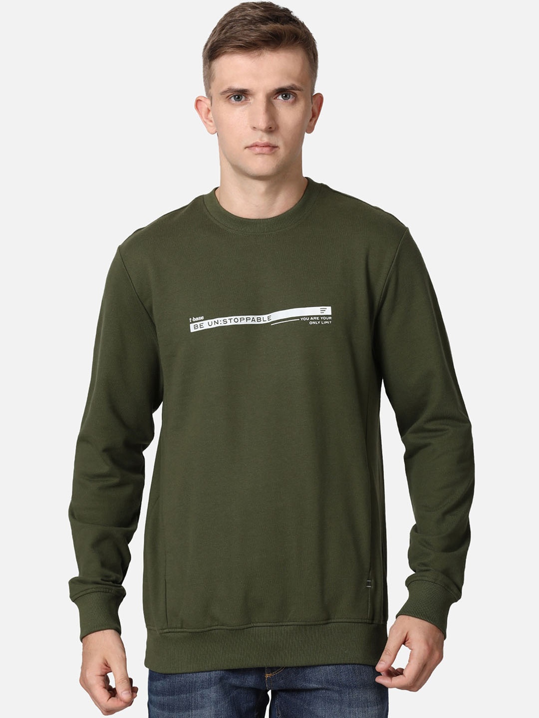 

t-base Men Olive Green Printed Sweatshirt