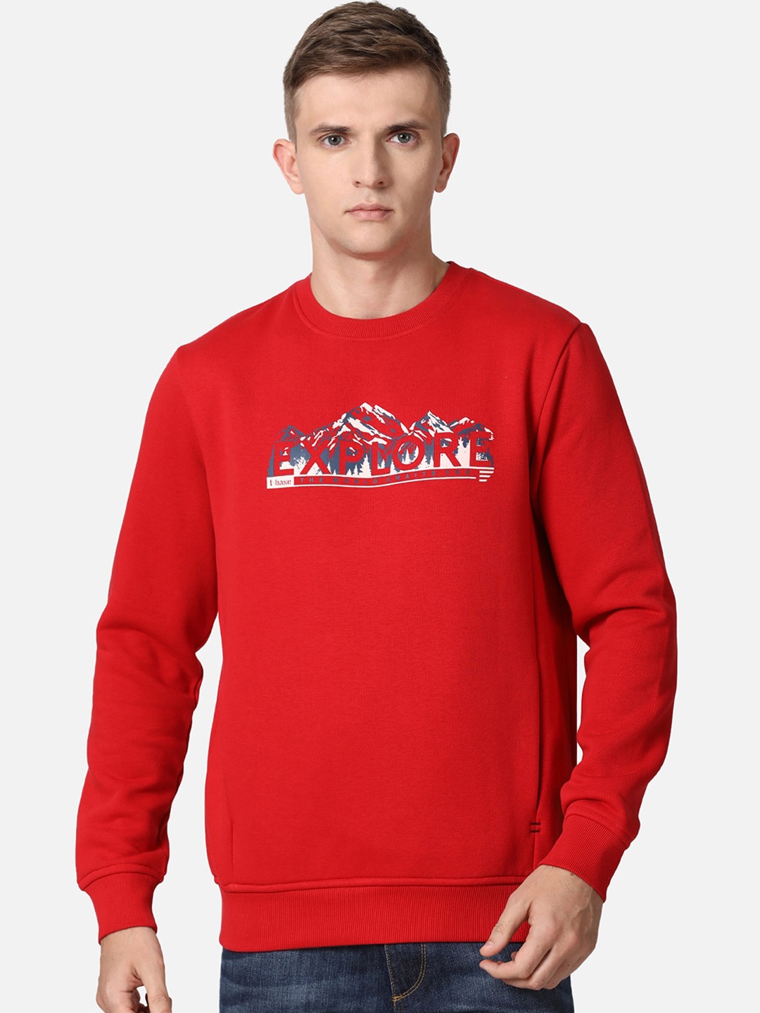 

t-base Men Red Typography Printed Cotton Pullover Sweatshirt