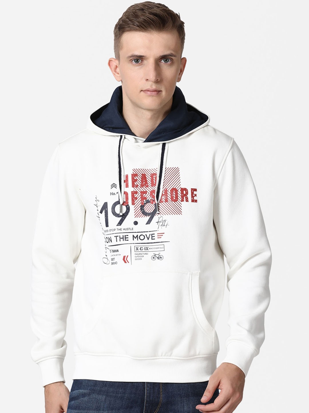 

t-base Men White & Navy Blue Printed Hooded Sweatshirt