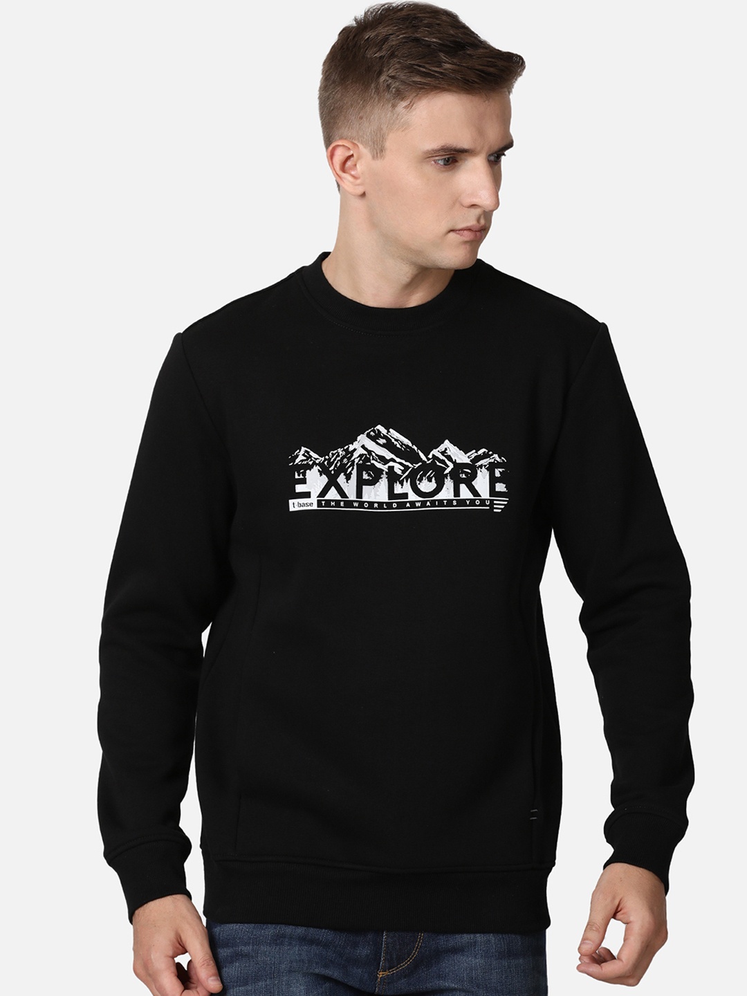 

t-base Men Black Typography Printed Pullover Sweatshirt