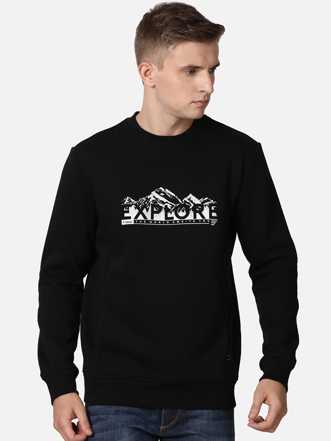 

t-base Men Black Typography Printed Pullover Sweatshirt