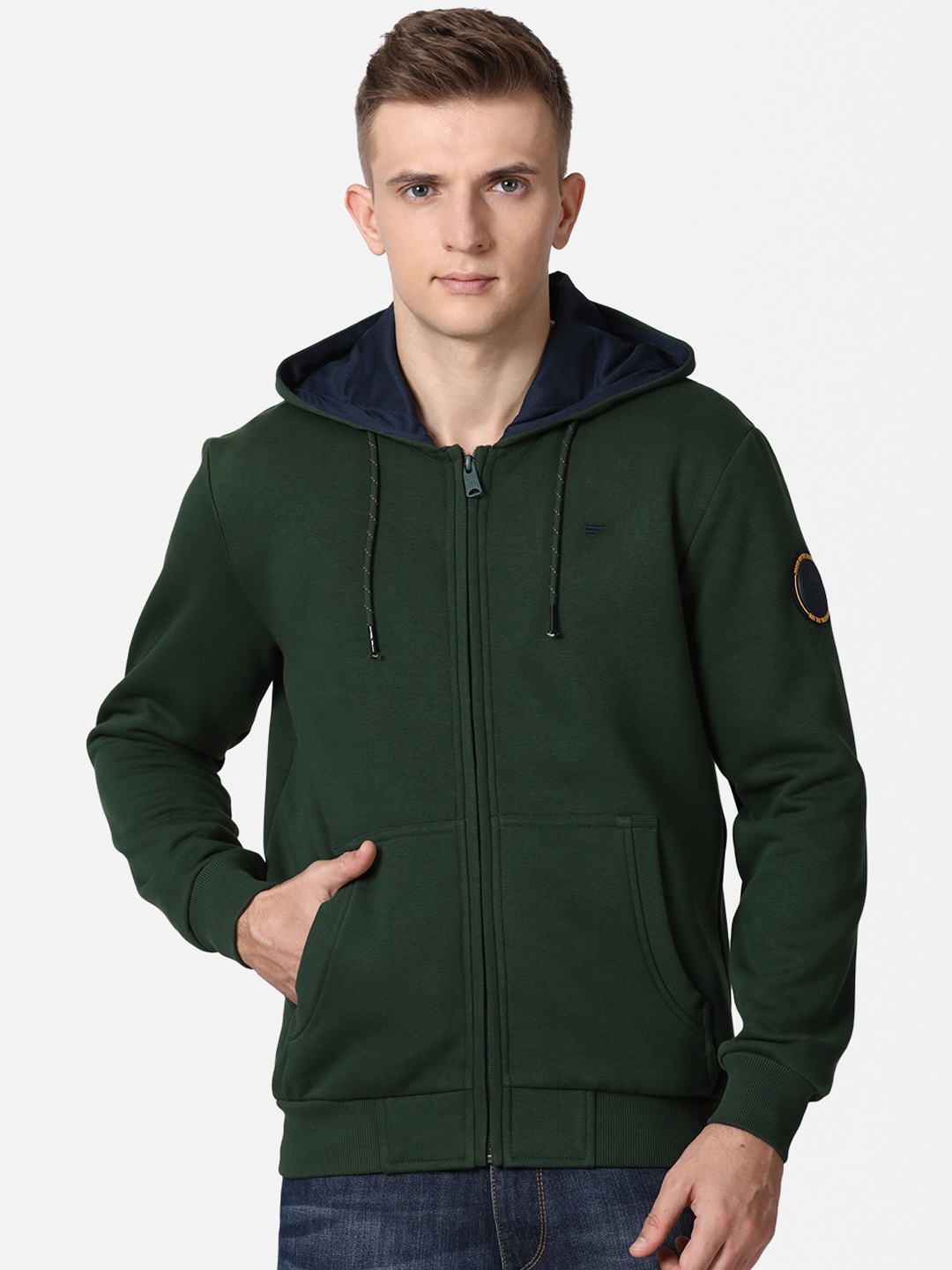 

t-base Men Green Hooded Front-Open Sweatshirt