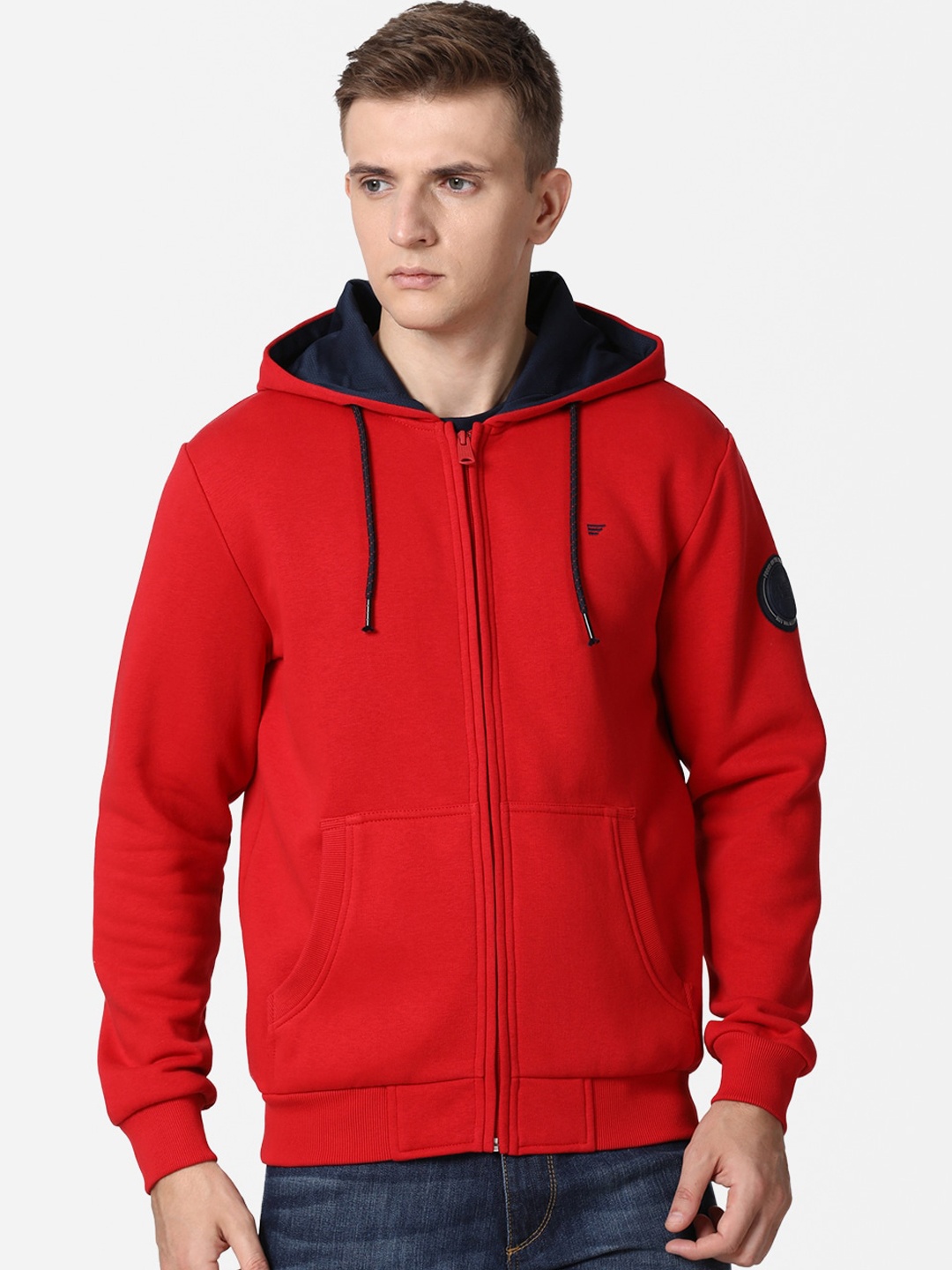 

t-base Men Red Cotton Hooded Front-Open Sweatshirt