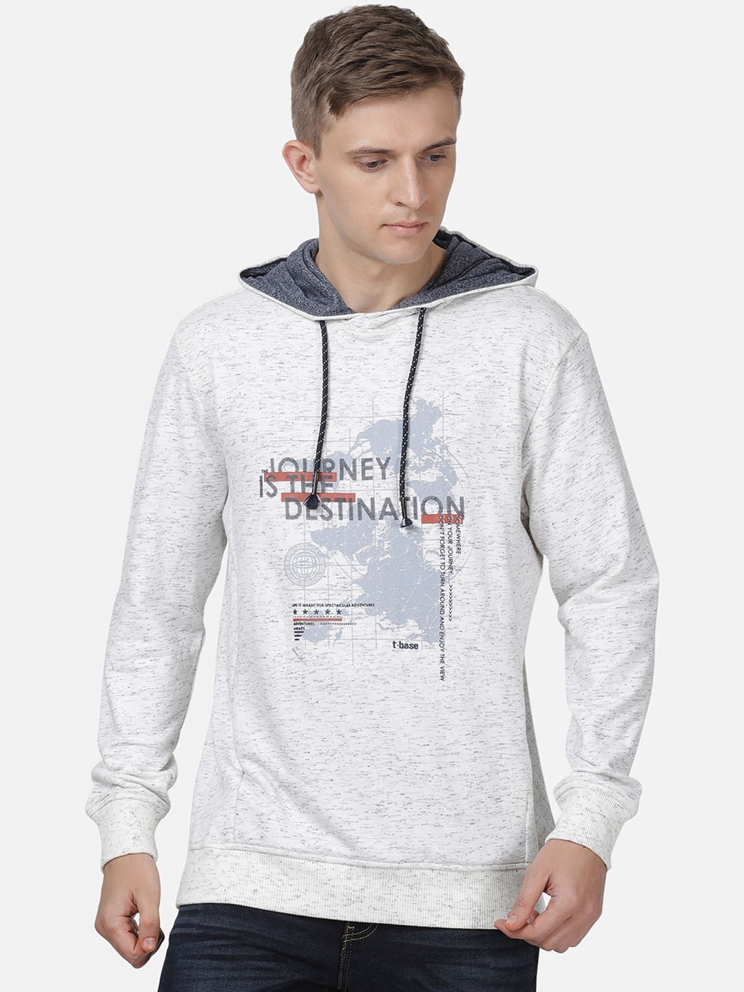 

t-base Men Off White & Blue Printed Hooded Sweatshirt