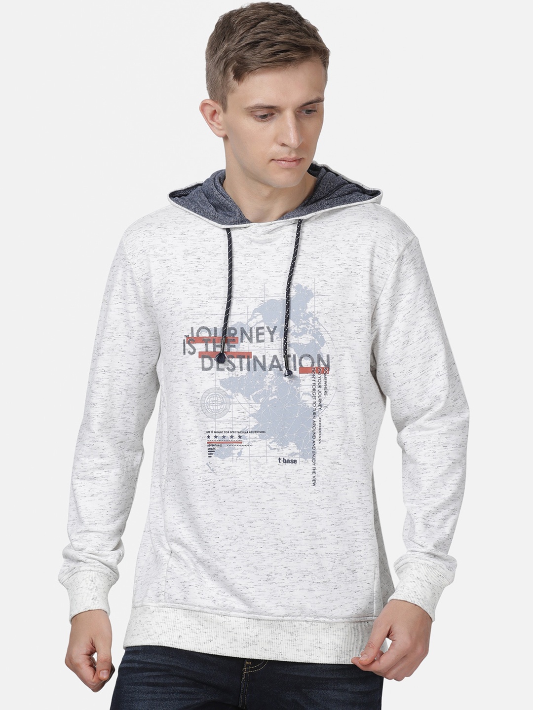 

t-base Men Off White & Blue Printed Hooded Sweatshirt