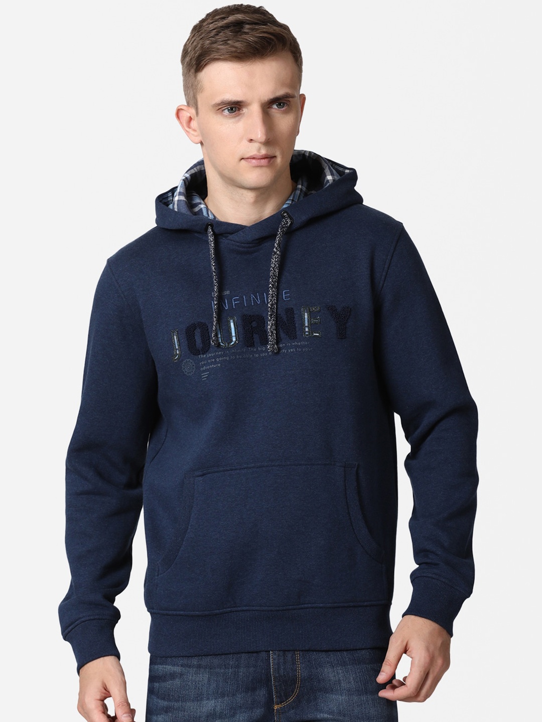 

t-base Men Navy Blue Typography Printed Cotton Hooded Pullover Sweatshirt