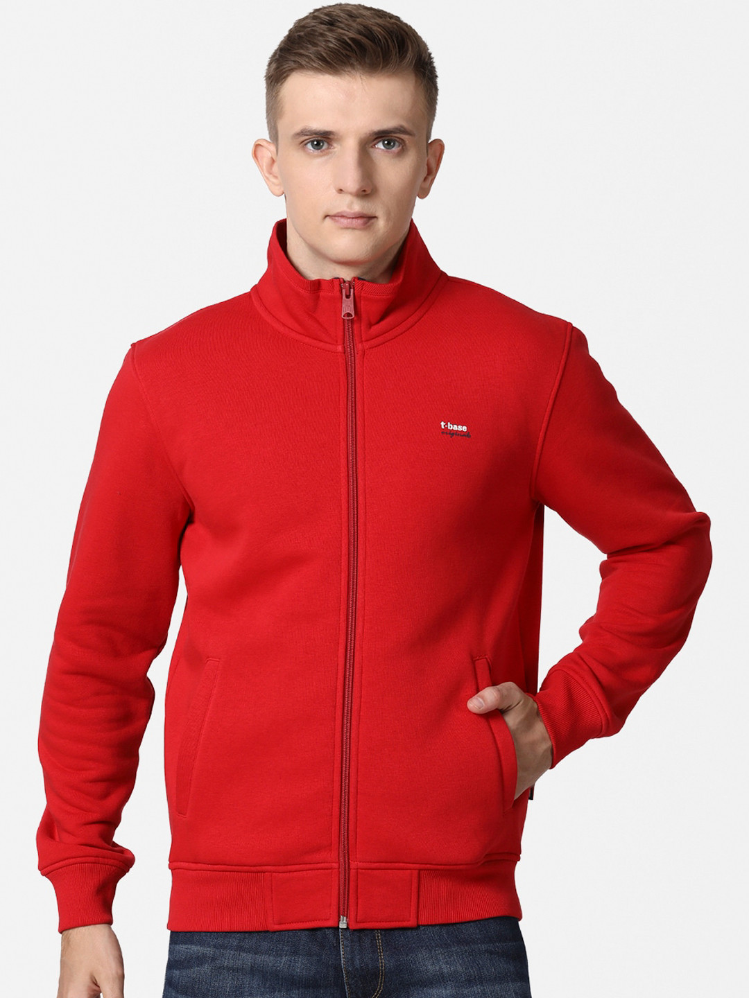 

t-base Men Red Cotton Front-Open Sweatshirt