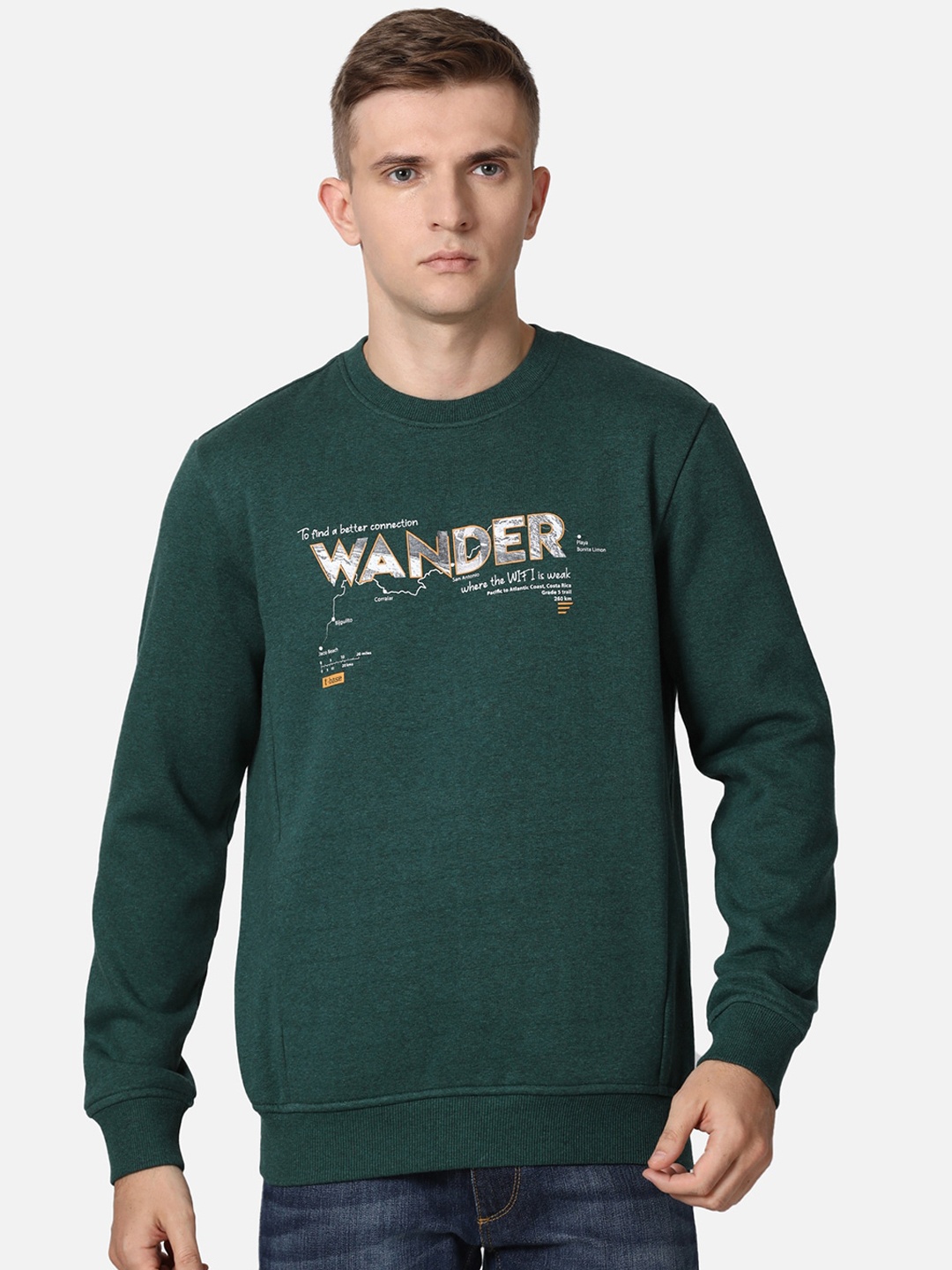 

t-base Men Green Typography Printed Cotton Pullover Sweatshirt