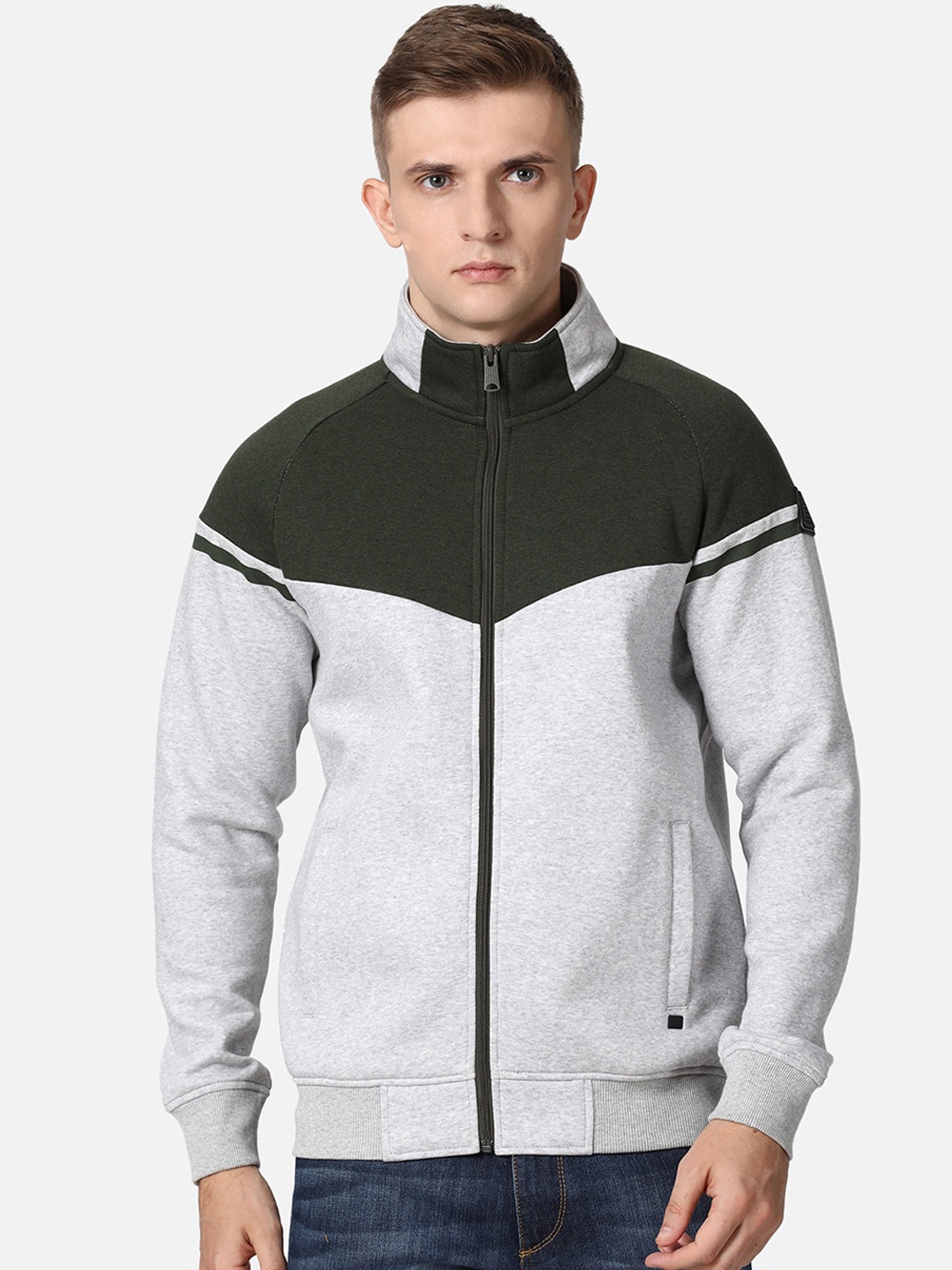 

t-base Men Olive Green & Grey Colourblocked Cotton Front-Open Sweatshirt