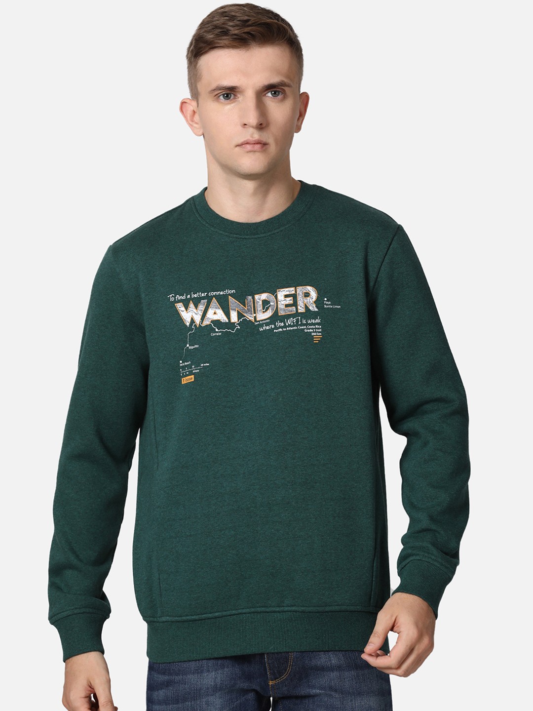 

t-base Men Green Typography Printed Pullover Sweatshirt