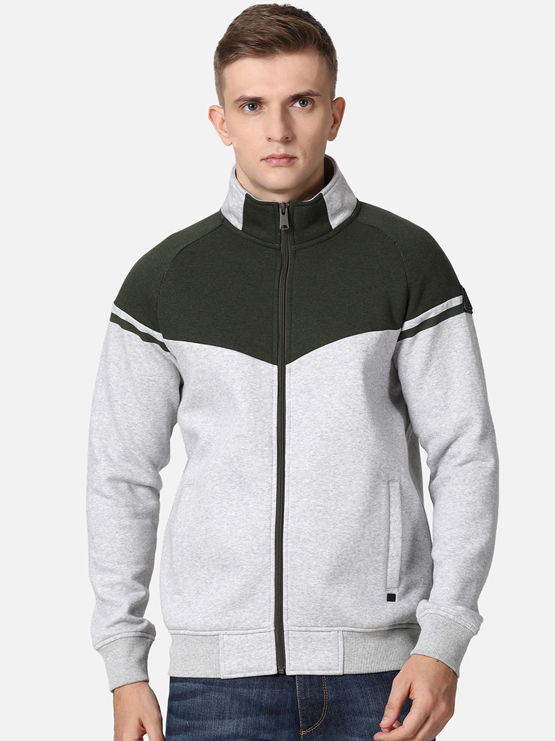 

t-base Men Olive Green & Grey Colourblocked Sweatshirt