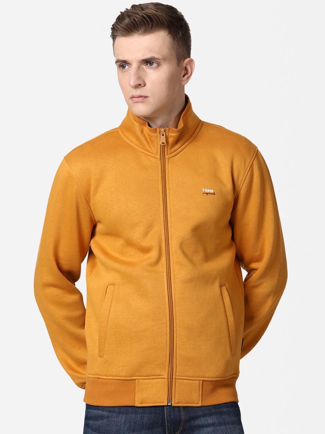 

t-base Men Yellow Cotton Front-Open Sweatshirt
