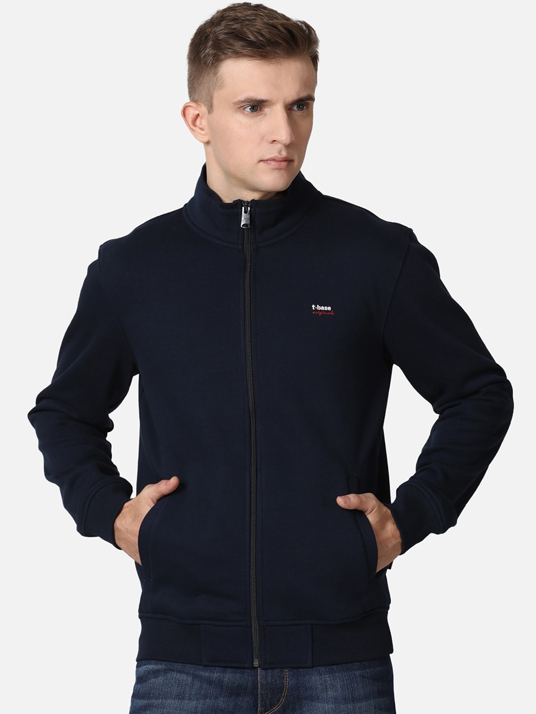 

t-base Men Navy Blue Cotton Front-Open Sweatshirt