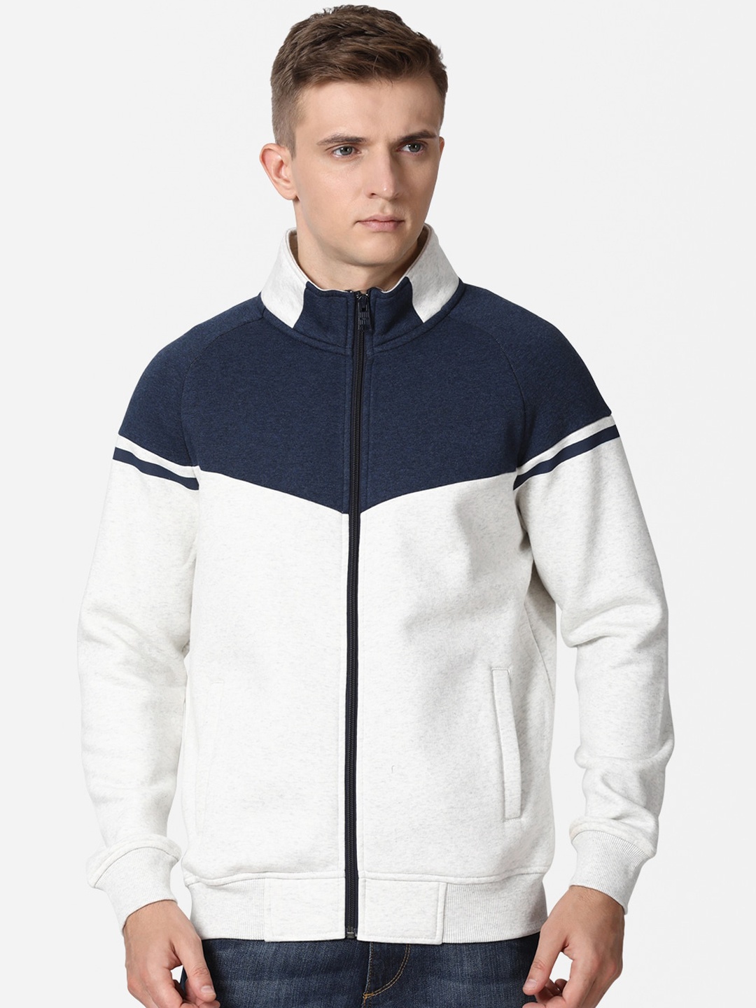 

t-base Men Navy Blue & White Colourblocked Cotton Front-Open Sweatshirt