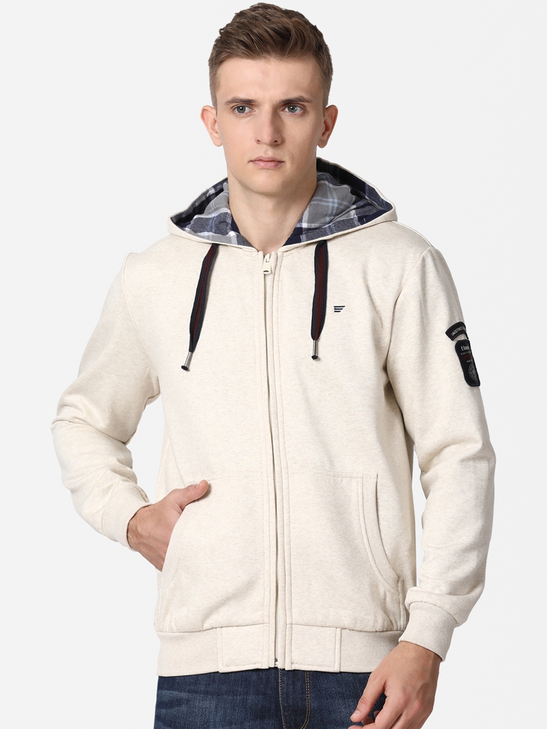 

t-base Men Beige Hooded Front-Open Sweatshirt