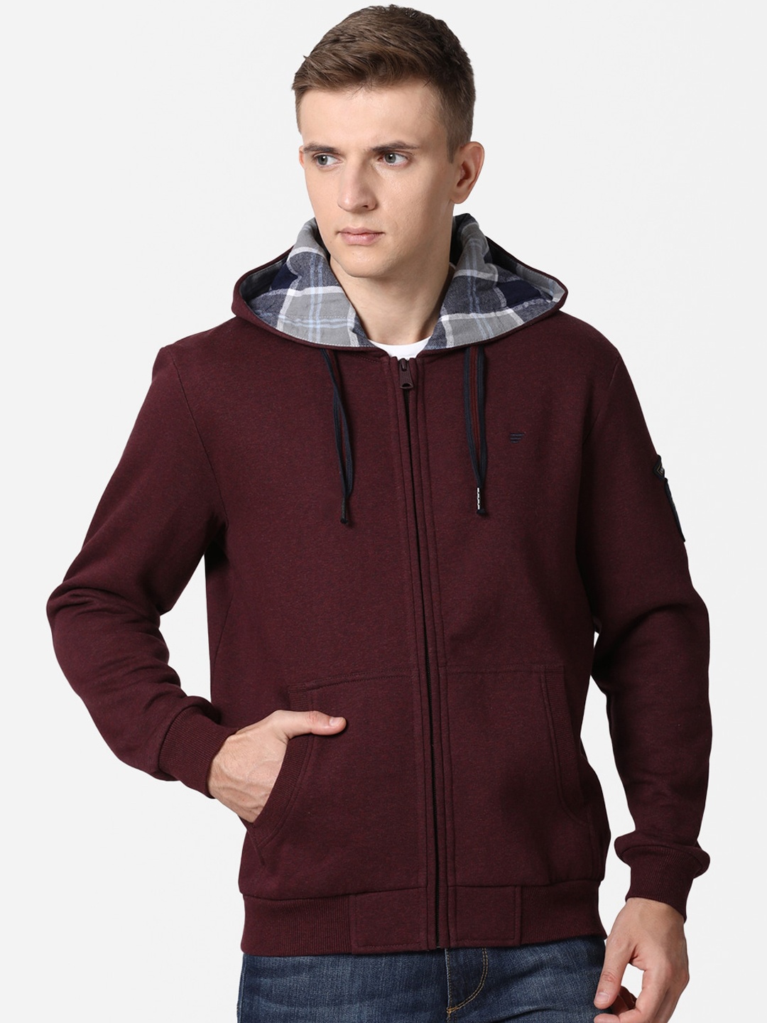 

t-base Men Burgundy Cotton Hooded Front-Open Sweatshirt