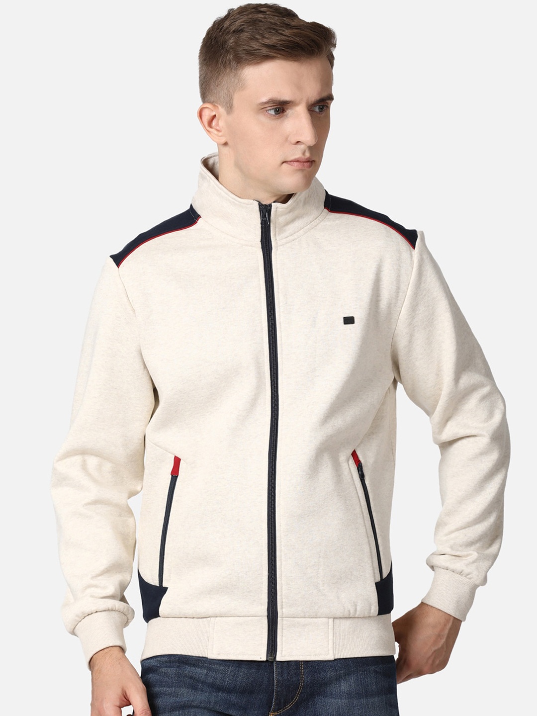 

t-base Men Beige Cotton Front-Open Sweatshirt