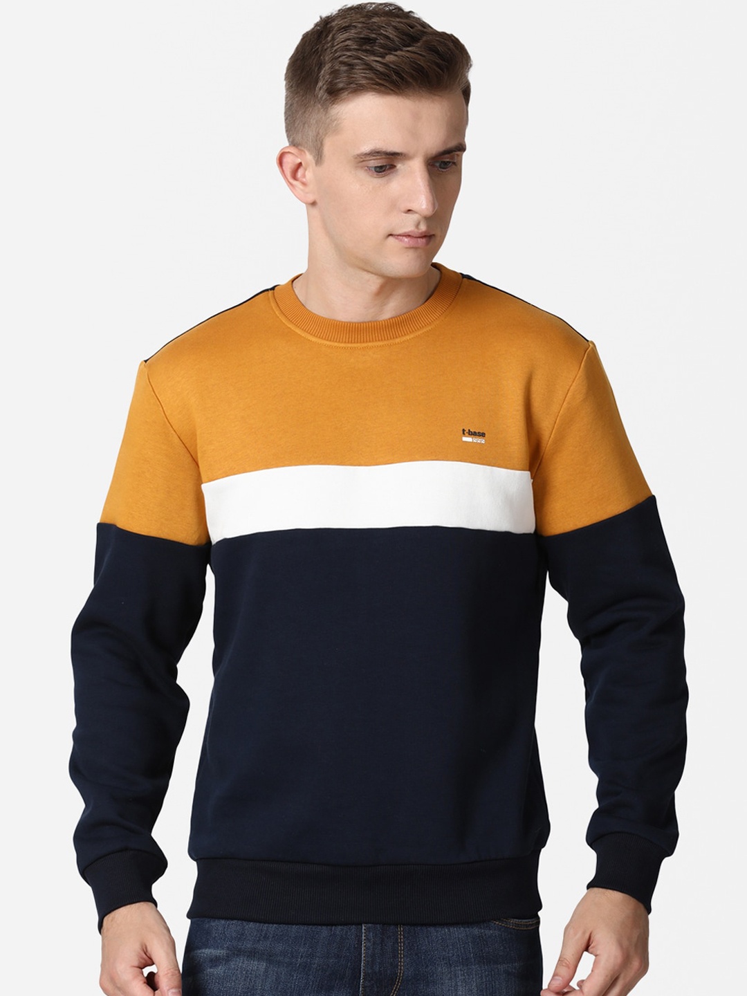 

t-base Men Mustard & Navy Blue Colourblocked Sweatshirt