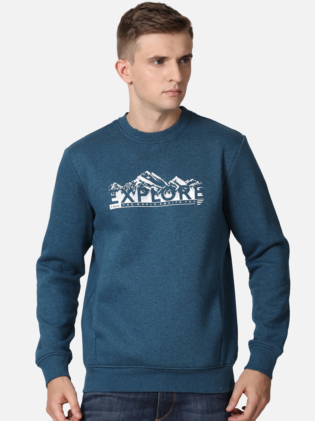 

t-base Men Blue Typography Printed Cotton Pullover Sweatshirt