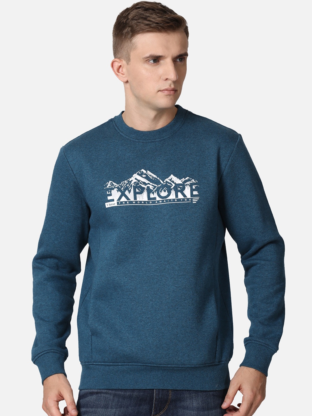 

t-base Men Blue Typography Printed Cotton Pullover Sweatshirt