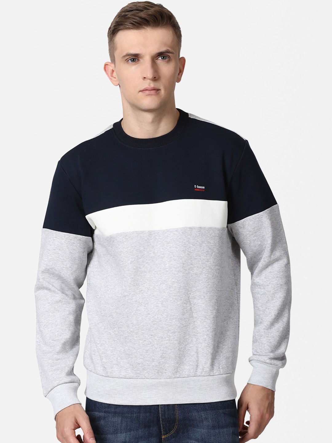 

t-base Men Navy Blue & Grey Colourblocked Sweatshirt