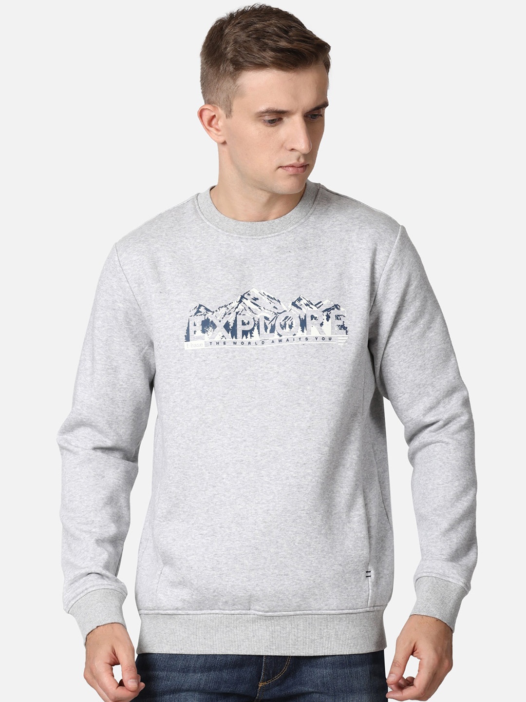 

t-base Men Grey Melange & White Printed Sweatshirt