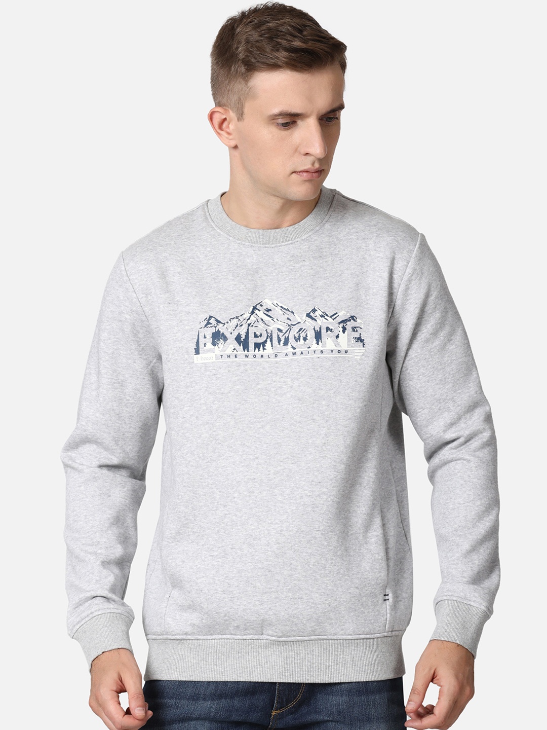 

t-base Men Grey Melange Typography Printed Pullover Sweatshirt