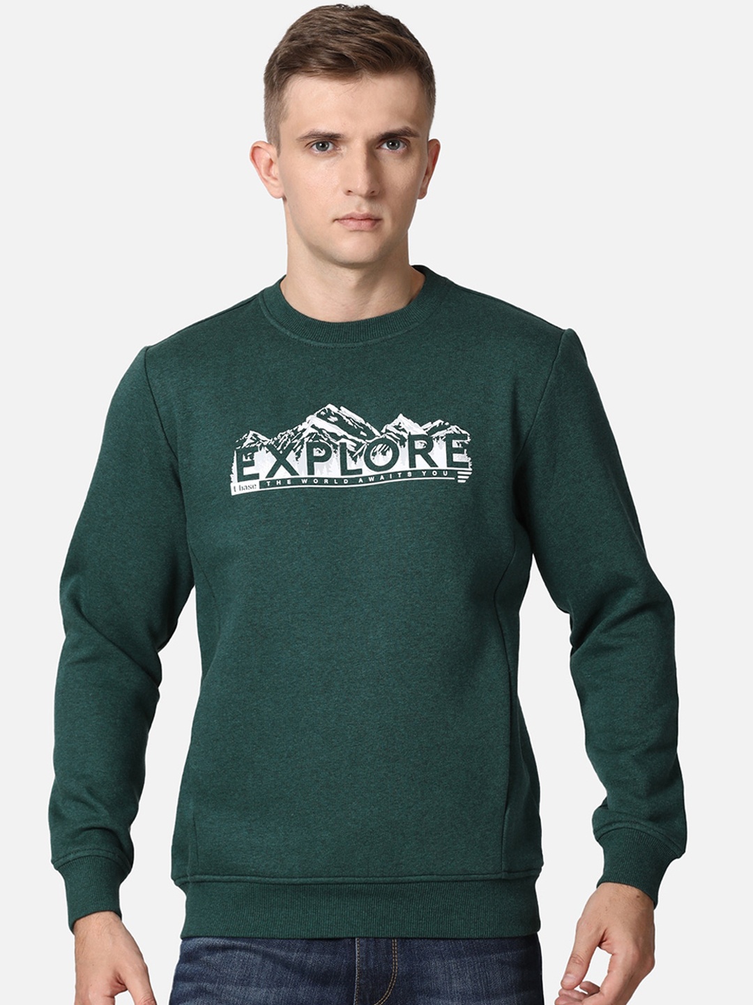 

t-base Men Green Typography Printed Cotton Pullover Sweatshirt