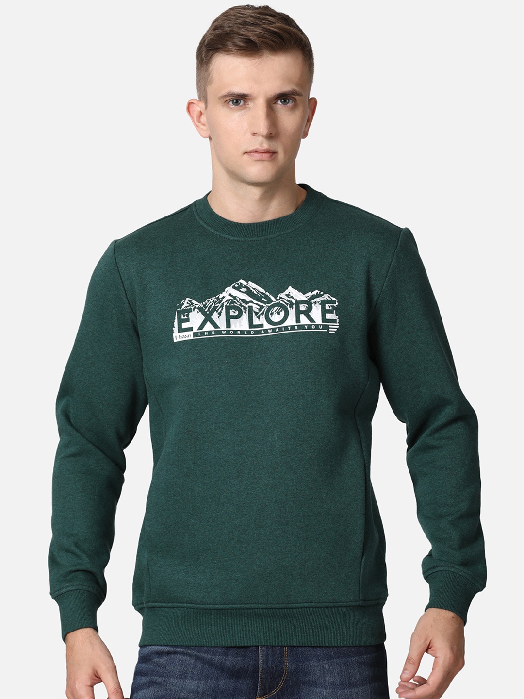 

t-base Men Green Typography Printed Pullover Sweatshirt