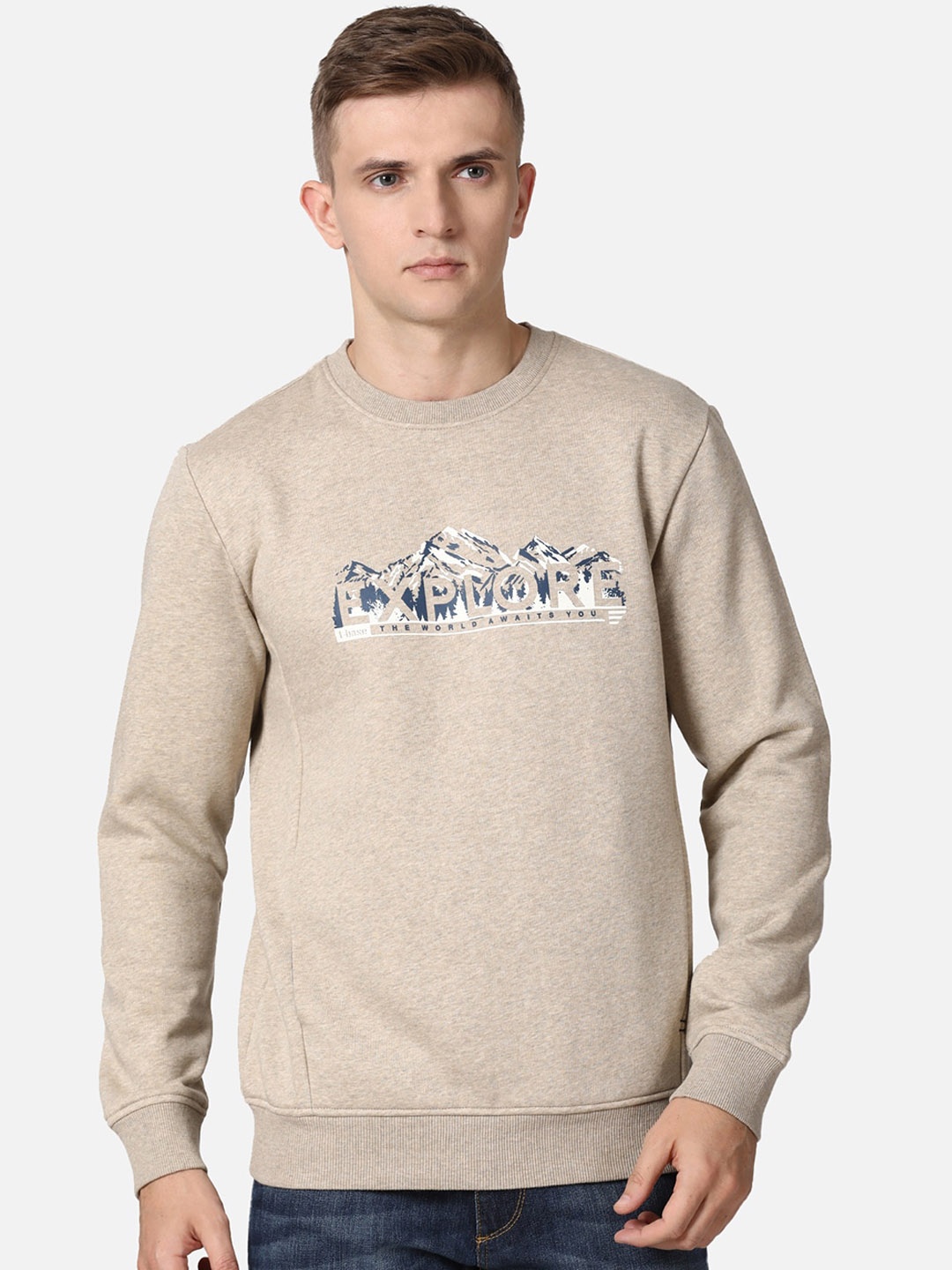 

t-base Men Beige Typography Printed Cotton Pullover Sweatshirt