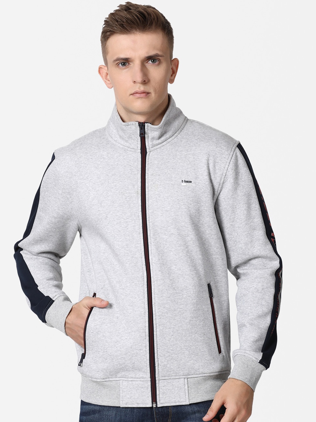 

t-base Men Grey Melange Cotton Front-Open Sweatshirt