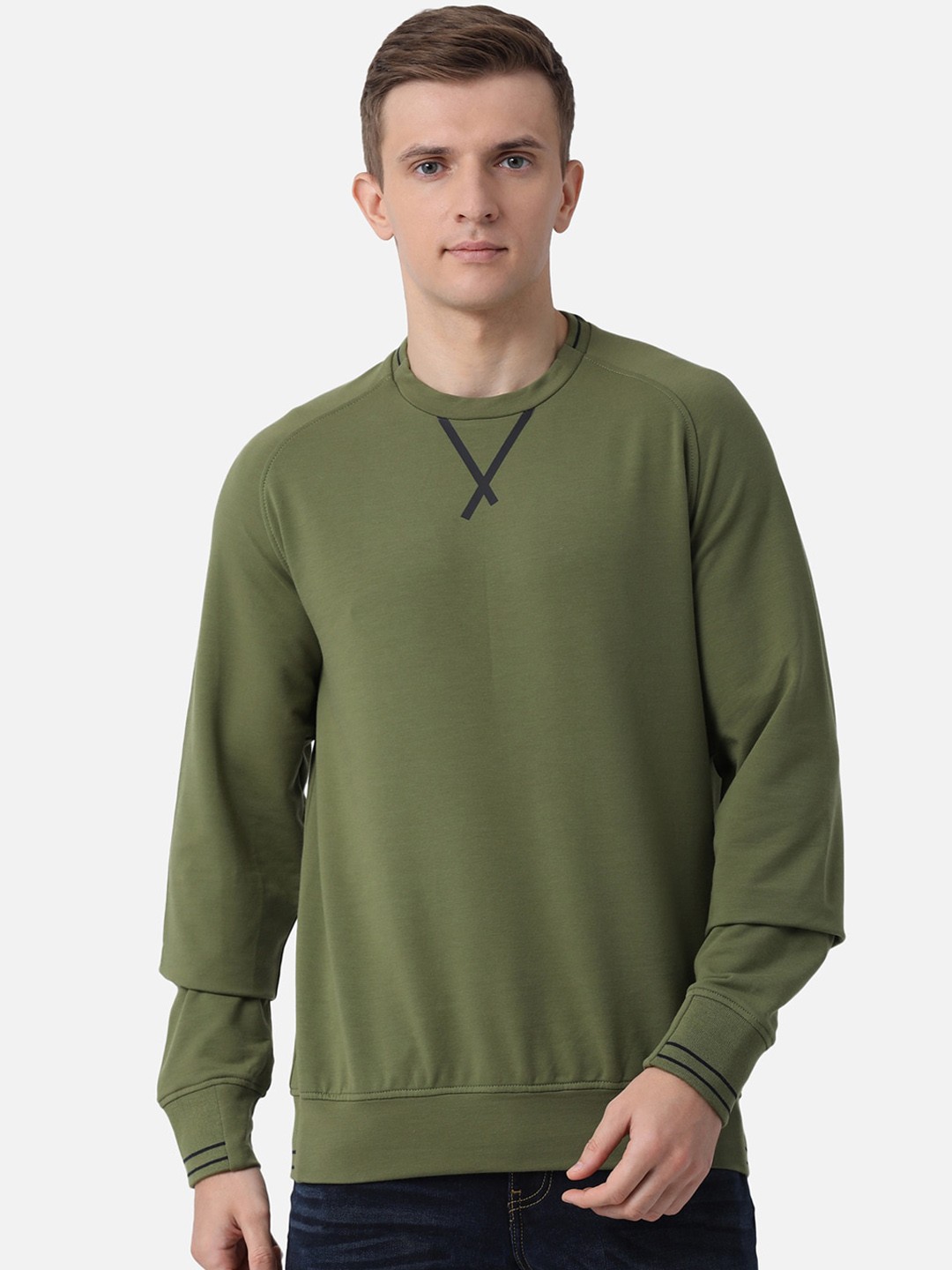 

t-base Men Olive Green Solid Sweatshirt