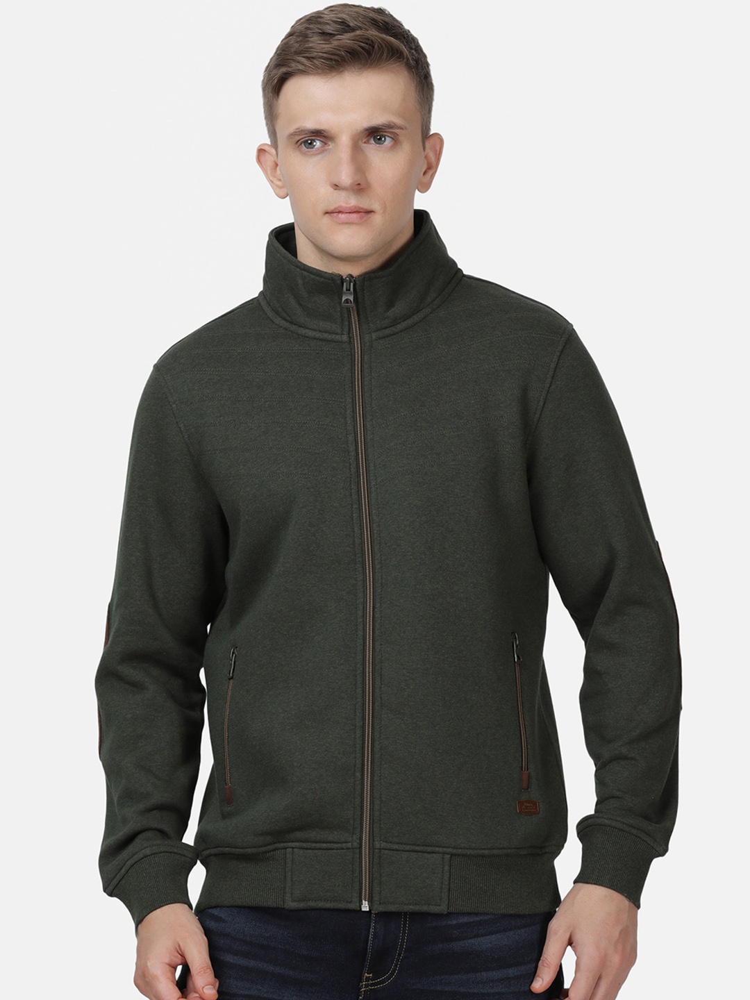 

t-base Men Olive Green Cotton Front-Open Sweatshirt