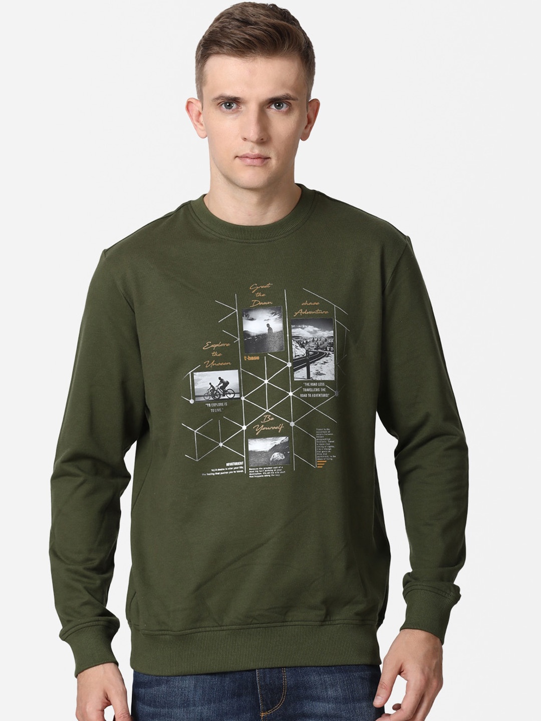 

t-base Men Olive Green Graphic Printed Cotton Pullover Sweatshirt