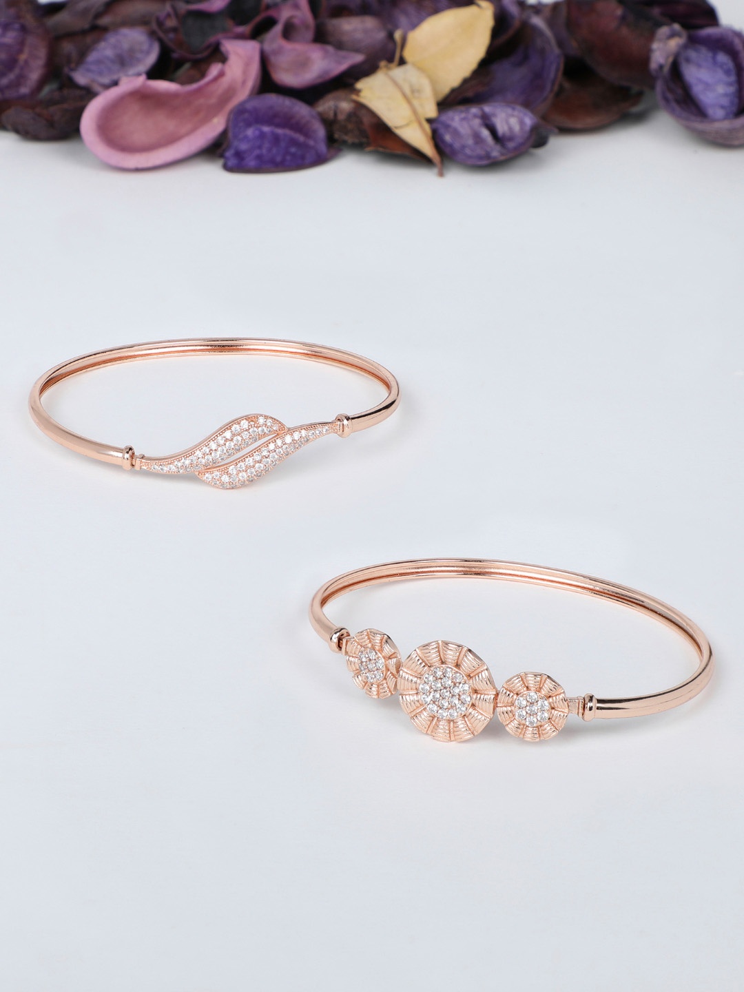 

Zaveri Pearls Women Rose Gold & White Brass Cubic Zirconia Kada Bracelet Set of 2