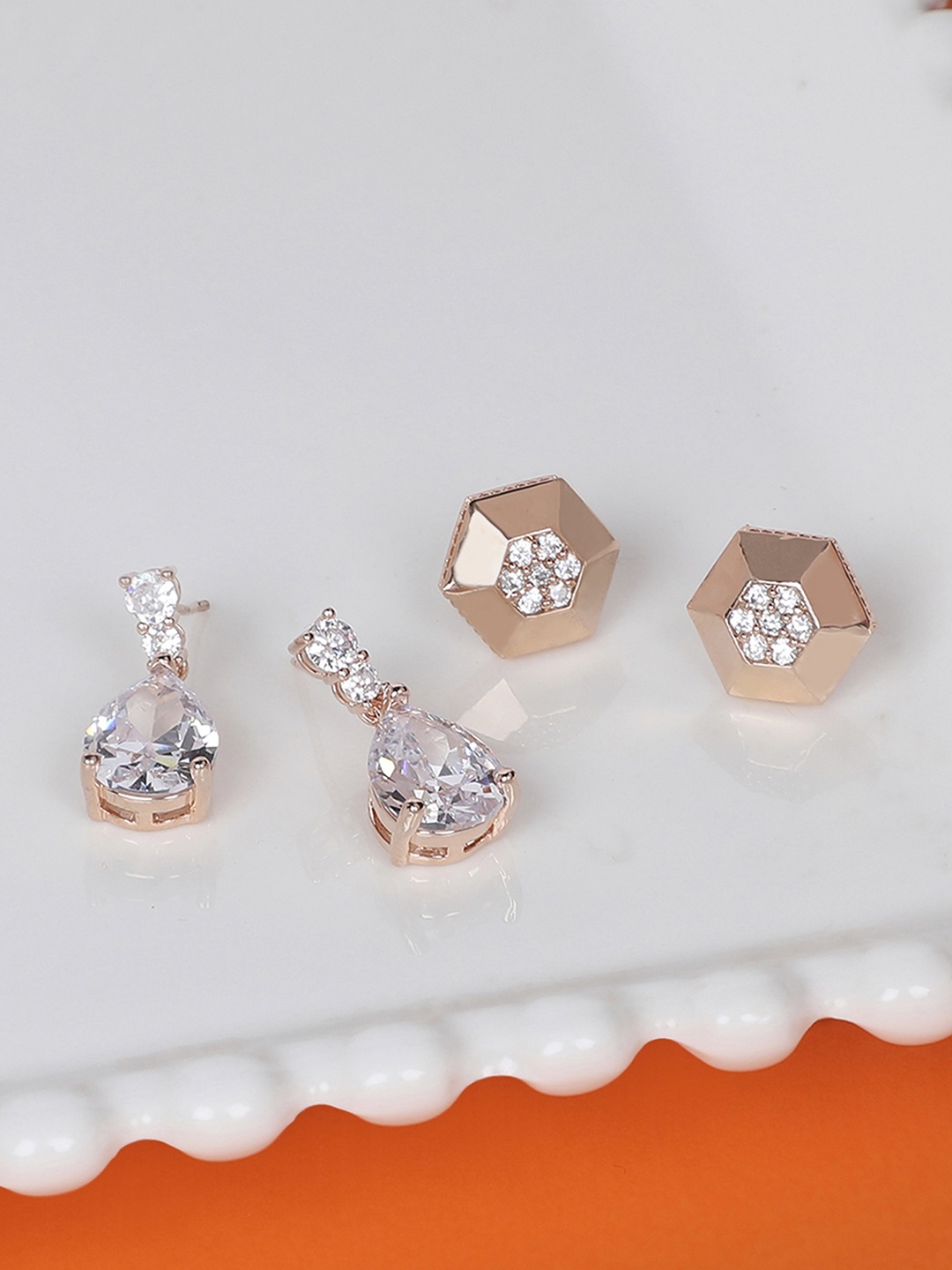 

Zaveri Pearls Set of 2 Rose Plated & White CZ Studded Studs & Drop Earrings, Rose gold