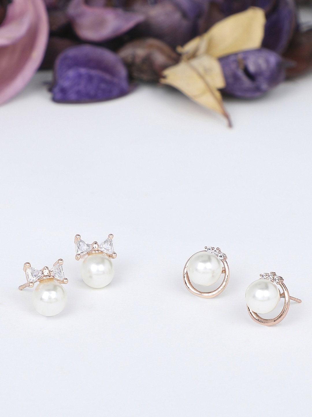 

Zaveri Pearls Set of 2 Gold-Plated Gold-Toned & White Contemporary Studs Earrings
