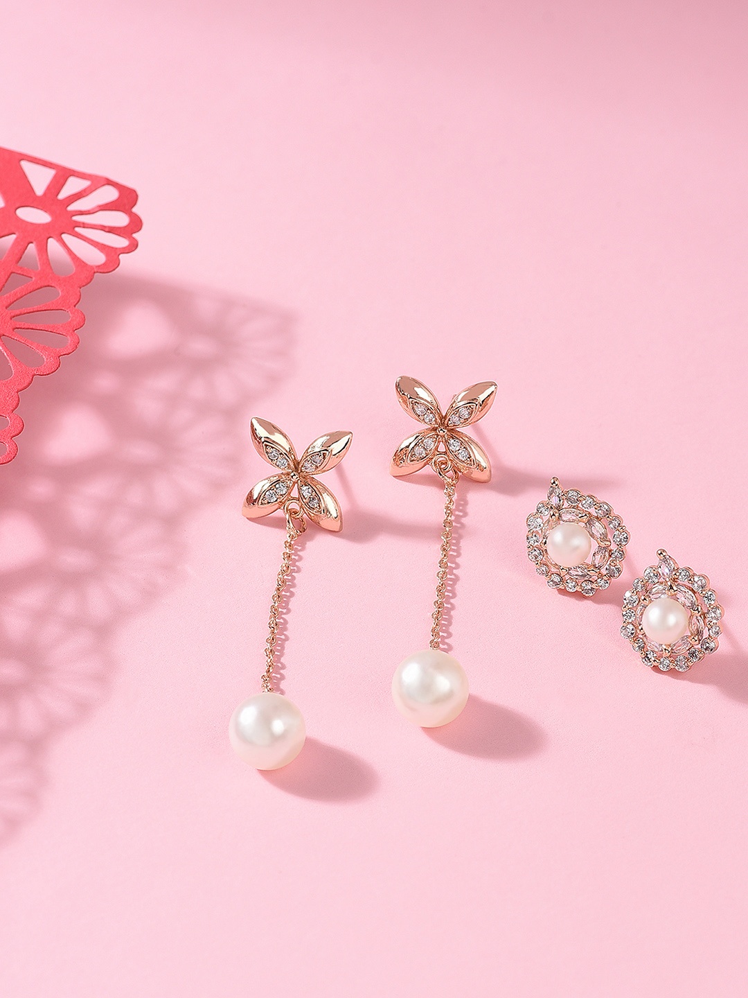 

Zaveri Pearls Set of 2 Rose Gold Plated Contemporary Drop Earrings