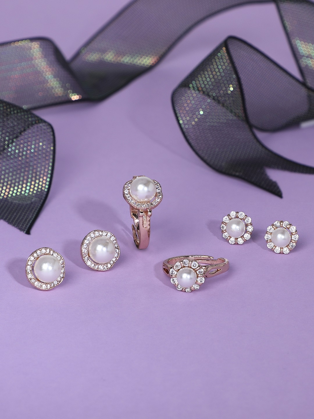 

Zaveri Pearls Set of 2 Rose Gold-Plated White CZ Studded Jewellery Set