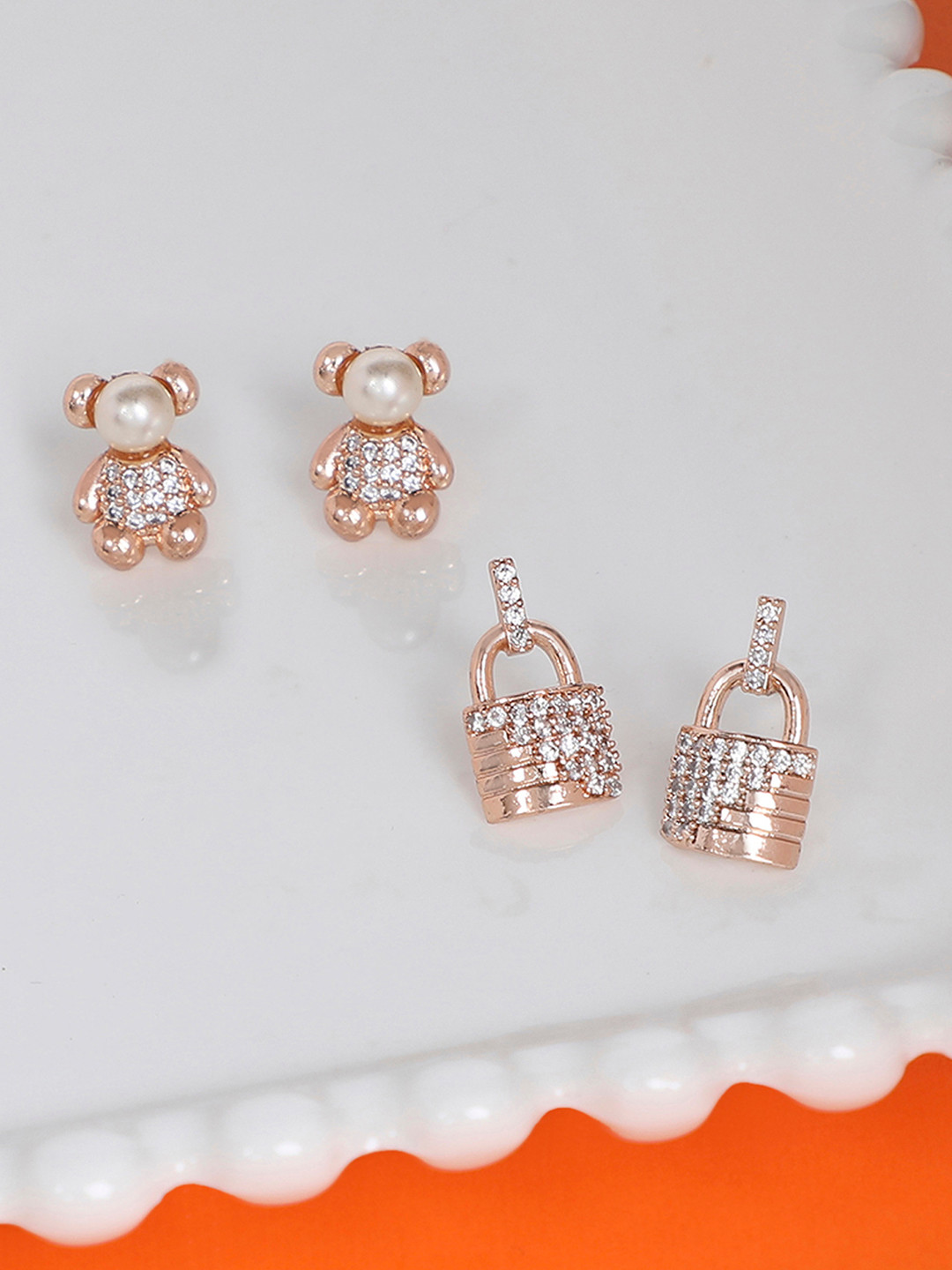 

Zaveri Pearls Set Of 2 Rose Gold & White Cubic Zirconia Contemporary Studs Earrings